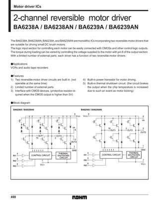 490
Motor driver ICs
2-channel reversible motor driver
BA6238A / BA6238AN / BA6239A / BA6239AN
The BA6238A, BA6238AN, BA6239A, and BA6239AN are monolithic ICs incorporating two reversible-motor drivers that
are suitable for driving small DC brush motors.
The logic input section for controlling each motor can be easily connected with CMOSs and other control logic outputs.
The torque during loading can be varied by controlling the voltage supplied to the motor with pin 8 of the output section.
With a limited number of external parts, each driver has a function of two reversible-motor drivers.
FApplications
VCRs and audio tape recorders
FFeatures
1) Two reversible-motor driver circuits are built in. (not
operable at the same time)
2) Limited number of external parts.
3) Interface with CMOS devices. (protective resistor re-
quired when the CMOS output is higher than 5V)
4) Built-in power transistor for motor driving.
5) Built-in thermal shutdown circuit. (the circuit brakes
the output when the chip temperature is increased
due to such an event as motor locking)
FBlock diagram
 