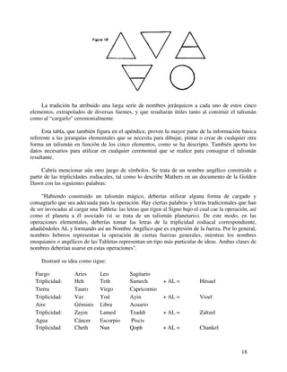 18
La tradición ha atribuido una larga serie de nombres jerárquicos a cada uno de estos cinco
elementos, extrapolados de diversas fuentes, y que resultarán útiles tanto al construir el talismán
como al “cargarlo" ceremonialmente.
Esta tabla, que también figura en el apéndice, provee la mayor parte de la información básica
referente a las jerarquías elementales que se necesita para dibujar, pintar o crear de cualquier otra
forma un talismán en función de los cinco elementos, como se ha descripto. También aporta los
datos necesarios para utilizar en cualquier ceremonial que se realice para consagrar el talismán
resultante.
Cabría mencionar aún otro juego de símbolos. Se trata de un nombre angélico construido a
partir de las triplicidades zodiacales, tal como lo describe Mathers en un documento de la Golden
Dawn con las siguientes palabras:
"Habiendo construido un talismán mágico, deberías utilizar alguna forma de cargado y
consagrarlo que sea adecuada para la operación. Hay ciertas palabras y letras tradicionales que han
de ser invocadas al cargar una Tableta: las letras que rigen al Signo bajo el cual cae la operación, así
como el planeta a él asociado (si se trata de un talismán planetario). De este modo, en las
operaciones elementales, deberías tomar las letras de la triplicidad zodiacal correspondiente,
añadiéndoles AL y formando así un Nombre Angélico que es expresión de la fuerza. Por lo general,
nombres hebreos representan la operación de ciertas fuerzas generales, mientras los nombres
enoquianos o angélicos de las Tabletas representan un tipo más particular de ideas. Ambas clases de
nombres deberían usarse en estas operaciones".
Ilustraré su idea como sigue:
Fuego Aries Leo Sagitario
Triplicidad: Heh Teth Samech + AL = Hitsael
Tierra Tauro Virgo Capricornio
Triplicidad: Vav Yod Ayin + AL = Vioel
Aire Géminis Libra Acuario
Triplicidad: Zayin Lamed Tzaddi + AL = Zaltzel
Agua Cáncer Escorpio Piscis
Triplicidad:' Cheth Nun Qoph + AL = Chankel
 