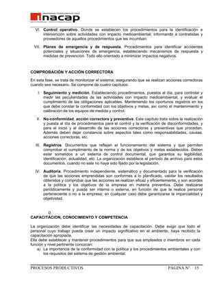 _______________________________________________________________________________
VI. Control operativo. Donde se establecen los procedimientos para la identificación e
intervención sobre actividades con impacto medioambiental, informando a contratistas y
proveedores de aquellos procedimientos que les incumban.
VII. Planes de emergencia y de respuesta. Procedimientos para identificar accidentes
potenciales y situaciones de emergencia, estableciendo mecanismos de respuesta y
medidas de prevención. Todo ello orientado a minimizar impactos negativos.
COMPROBACIÓN Y ACCIÓN CORRECTORA
En esta fase, se trata de monitorizar el sistema, asegurando que se realizan acciones correctoras
cuando sea necesario. Se compone de cuatro capítulos:
I. Seguimiento y medición. Estableciendo procedimientos, puestos al día, para controlar y
medir las peculiaridades de las actividades con impacto medioambiental, y evaluar el
cumplimiento de las obligaciones aplicables. Manteniendo los oportunos registros en los
que debe constar la conformidad con los objetivos y metas, así como el mantenimiento y
calibración de los equipos de medida y control.
II. No-conformidad, acción correctora y preventiva. Este capítulo trata sobre la realización
y puesta al día de procedimientos para el control y la verificación de disconformidades, y
para el inicio y el desarrollo de las acciones correctoras y preventivas que procedan.
Además deben dejar constancia sobre aspectos tales como responsabilidades, causas,
acciones correctoras, etc.
III. Registros. Documentos que reflejan el funcionamiento del sistema y que permiten
comprobar el cumplimiento de la norma y de los objetivos y metas establecidos. Deben
estar sometidos a un sistema de control documental, que garantice su legibilidad,
identificación, actualidad, etc. La organización establece el período de archivo para estos
documentos, cuando no este no haya sido fijado por la legislación.
IV. Auditoría. Procedimiento independiente, sistemático y documentado para la verificación
de que las acciones emprendidas son conformes a lo planificado, validar los resultados
obtenidos y comprobar que las acciones se realizan eficaz y eficientemente, y son acordes
a la política y los objetivos de la empresa en materia preventiva. Debe realizarse
periódicamente y puede ser interna o externa, en función de que la realice personal
perteneciente o no a la empresa; en cualquier caso debe garantizarse la imparcialidad y
objetividad.
0
CAPACITACION, CONOCIMIENTO Y COMPETENCIA
La organización debe identificar las necesidades de capacitación. Debe exigir que todo el
personal cuyo trabajo pueda crear un impacto significativo en el ambiente, haya recibido la
capacitación apropiada.
Ella debe establecer y mantener procedimientos para que sus empleados o miembros en cada
función y nivel pertinente conozcan:
a) La importancia de la conformidad con la política y los procedimientos ambientales y con
los requisitos del sistema de gestión ambiental;
PROCESOS PRODUCTIVOS PAGINA N° 15
 
