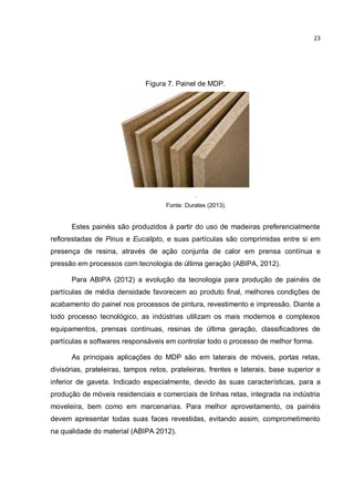 23
Figura 7. Painel de MDP.
.
Fonte: Duratex (2013).
Estes painéis são produzidos à partir do uso de madeiras preferencialmente
reflorestadas de Pinus e Eucalipto, e suas partículas são comprimidas entre si em
presença de resina, através de ação conjunta de calor em prensa contínua e
pressão em processos com tecnologia de última geração (ABIPA, 2012).
Para ABIPA (2012) a evolução da tecnologia para produção de painéis de
partículas de média densidade favorecem ao produto final, melhores condições de
acabamento do painel nos processos de pintura, revestimento e impressão. Diante a
todo processo tecnológico, as indústrias utilizam os mais modernos e complexos
equipamentos, prensas contínuas, resinas de última geração, classificadores de
partículas e softwares responsáveis em controlar todo o processo de melhor forma.
As principais aplicações do MDP são em laterais de móveis, portas retas,
divisórias, prateleiras, tampos retos, prateleiras, frentes e laterais, base superior e
inferior de gaveta. Indicado especialmente, devido às suas características, para a
produção de móveis residenciais e comerciais de linhas retas, integrada na indústria
moveleira, bem como em marcenarias. Para melhor aproveitamento, os painéis
devem apresentar todas suas faces revestidas, evitando assim, comprometimento
na qualidade do material (ABIPA 2012).
 