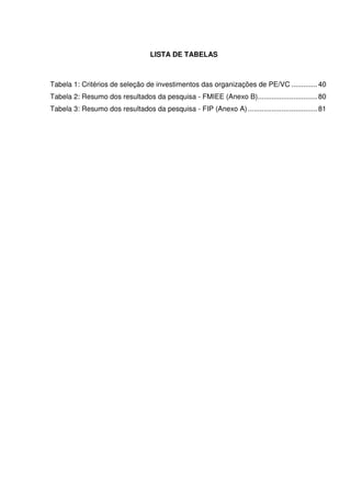 LISTA DE TABELAS
Tabela 1: Critérios de seleção de investimentos das organizações de PE/VC ............. 40
Tabela 2: Resumo dos resultados da pesquisa - FMIEE (Anexo B).............................. 80
Tabela 3: Resumo dos resultados da pesquisa - FIP (Anexo A)................................... 81
 