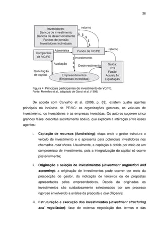 36
Figura 4: Principais participantes do investimento de VC/PE.
Fonte: Meirelles et al., adaptado de Ganzi et al. (1998)
De acordo com Carvalho et al. (2006, p. 63), existem quatro agentes
principais na indústria de PE/VC: as organizações gestoras, os veículos de
investimento, os investidores e as empresas investidas. Os autores sugerem cinco
grandes fases, descritas sucintamente abaixo, que explicam a interação entre esses
agentes:
i. Captação de recursos (fundraising): etapa onde o gestor estrutura o
veículo de investimento e o apresenta para potenciais investidores nos
chamados road shows. Usualmente, a captação é obtida por meio de um
compromisso de investimento, pois a integralização do capital só ocorre
posteriormente;
ii. Originação e seleção de investimentos (investment origination and
screening): a originação de investimentos pode ocorrer por meio da
prospecção do gestor, da indicação de terceiros ou de propostas
apresentadas pelos empreendedores. Depois de originados os
investimentos são cuidadosamente selecionados por um processo
rigoroso envolvendo a análise da proposta e due diligence;
iii. Estruturação e execução dos investimentos (investment structuring
and negotiation): fase de extensa negociação dos termos e das
 