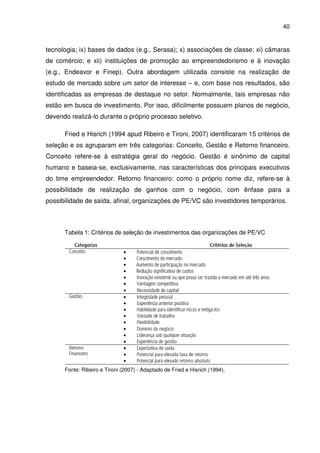40
tecnologia; ix) bases de dados (e.g., Serasa); x) associações de classe; xi) câmaras
de comércio; e xii) instituições de promoção ao empreendedorismo e à inovação
(e.g., Endeavor e Finep). Outra abordagem utilizada consiste na realização de
estudo de mercado sobre um setor de interesse – e, com base nos resultados, são
identificadas as empresas de destaque no setor. Normalmente, tais empresas não
estão em busca de investimento. Por isso, dificilmente possuem planos de negócio,
devendo realizá-lo durante o próprio processo seletivo.
Fried e Hisrich (1994 apud Ribeiro e Tironi, 2007) identificaram 15 critérios de
seleção e os agruparam em três categorias: Conceito, Gestão e Retorno financeiro.
Conceito refere-se à estratégia geral do negócio. Gestão é sinônimo de capital
humano e baseia-se, exclusivamente, nas características dos principais executivos
do time empreendedor. Retorno financeiro: como o próprio nome diz, refere-se à
possibilidade de realização de ganhos com o negócio, com ênfase para a
possibilidade de saída, afinal, organizações de PE/VC são investidores temporários.
Tabela 1: Critérios de seleção de investimentos das organizações de PE/VC
Fonte: Ribeiro e Tironi (2007) - Adaptado de Fried e Hisrich (1994).
 