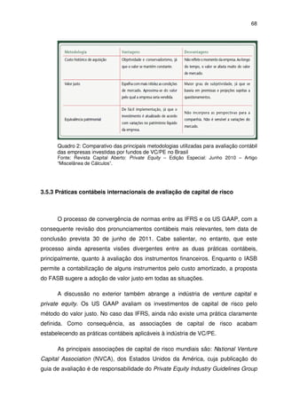 68
Quadro 2: Comparativo das principais metodologias utilizadas para avaliação contábil
das empresas investidas por fundos de VC/PE no Brasil
Fonte: Revista Capital Aberto: Private Equity – Edição Especial: Junho 2010 – Artigo
“Miscelânea de Cálculos”.
3.5.3 Práticas contábeis internacionais de avaliação de capital de risco
O processo de convergência de normas entre as IFRS e os US GAAP, com a
consequente revisão dos pronunciamentos contábeis mais relevantes, tem data de
conclusão prevista 30 de junho de 2011. Cabe salientar, no entanto, que este
processo ainda apresenta visões divergentes entre as duas práticas contábeis,
principalmente, quanto à avaliação dos instrumentos financeiros. Enquanto o IASB
permite a contabilização de alguns instrumentos pelo custo amortizado, a proposta
do FASB sugere a adoção de valor justo em todas as situações.
A discussão no exterior também abrange a indústria de venture capital e
private equity. Os US GAAP avaliam os investimentos de capital de risco pelo
método do valor justo. No caso das IFRS, ainda não existe uma prática claramente
definida. Como consequência, as associações de capital de risco acabam
estabelecendo as práticas contábeis aplicáveis à indústria de VC/PE.
As principais associações de capital de risco mundiais são: National Venture
Capital Association (NVCA), dos Estados Unidos da América, cuja publicação do
guia de avaliação é de responsabilidade do Private Equity Industry Guidelines Group
 