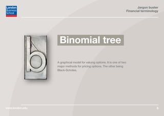 Jargon buster
Financial terminology
www.london.edu 5
A graphical model for valuing options. It is one of two
major methods for pricing options. The other being
Black-Scholes.
Binomial tree
 