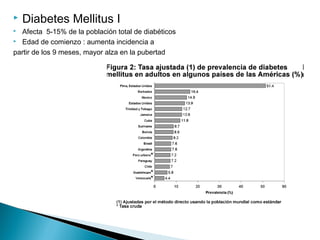  Diabetes Mellitus I
 Afecta 5-15% de la población total de diabéticos
 Edad de comienzo : aumenta incidencia a
partir de los 9 meses, mayor alza en la pubertad
 