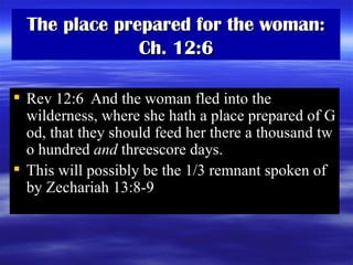 The place prepared for the woman: Ch. 12:6 Rev 12:6  And the woman fled into the wilderness, where she hath a place prepared of God, that they should feed her there a thousand two hundred  and  threescore days.  This will possibly be the 1/3 remnant spoken of by Zechariah 13:8-9 
