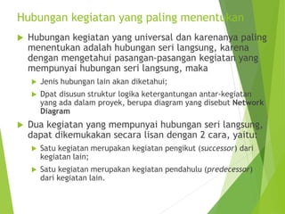 Hubungan kegiatan yang paling menentukan
 Hubungan kegiatan yang universal dan karenanya paling
menentukan adalah hubungan seri langsung, karena
dengan mengetahui pasangan-pasangan kegiatan yang
mempunyai hubungan seri langsung, maka
 Jenis hubungan lain akan diketahui;
 Dpat disusun struktur logika ketergantungan antar-kegiatan
yang ada dalam proyek, berupa diagram yang disebut Network
Diagram
 Dua kegiatan yang mempunyai hubungan seri langsung,
dapat dikemukakan secara lisan dengan 2 cara, yaitu:
 Satu kegiatan merupakan kegiatan pengikut (successor) dari
kegiatan lain;
 Satu kegiatan merupakan kegiatan pendahulu (predecessor)
dari kegiatan lain.
 