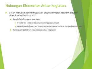 Hubungan Elementer Antar-kegiatan
 Untuk merubah penyelenggaraan proyek menjadi network diagram
dilakukan hal berikut ini:
 Mendefinisikan permasalahan
 Inventarisis kegiatan dalam penyelenggaraan proyek
 Menentukan hubugan seri langsung masing-masing kegiatan dengan kegiatan lain.
 Menyusun logika ketergantugan antar kegiatan
 