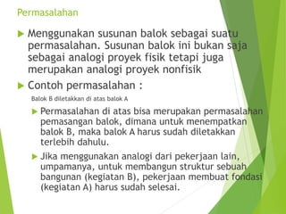 Permasalahan
 Menggunakan susunan balok sebagai suatu
permasalahan. Susunan balok ini bukan saja
sebagai analogi proyek fisik tetapi juga
merupakan analogi proyek nonfisik
 Contoh permasalahan :
Balok B diletakkan di atas balok A
 Permasalahan di atas bisa merupakan permasalahan
pemasangan balok, dimana untuk menempatkan
balok B, maka balok A harus sudah diletakkan
terlebih dahulu.
 Jika menggunakan analogi dari pekerjaan lain,
umpamanya, untuk membangun struktur sebuah
bangunan (kegiatan B), pekerjaan membuat fondasi
(kegiatan A) harus sudah selesai.
 