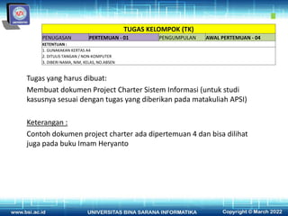 Tugas yang harus dibuat:
Membuat dokumen Project Charter Sistem Informasi (untuk studi
kasusnya sesuai dengan tugas yang diberikan pada matakuliah APSI)
Keterangan :
Contoh dokumen project charter ada dipertemuan 4 dan bisa dilihat
juga pada buku Imam Heryanto
TUGAS KELOMPOK (TK)
PENUGASAN PERTEMUAN - 01 PENGUMPULAN AWAL PERTEMUAN - 04
KETENTUAN :
1. GUNAKAKAN KERTAS A4
2. DITULIS TANGAN / NON-KOMPUTER
3. DIBERI NAMA, NIM, KELAS, NO.ABSEN
 