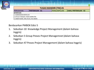 PENUGASAN PERTEMUAN - 01 PENGUMPULAN AWAL PERTEMUAN - 02
1. GUNAKAKAN KERTAS A4
2. DITULIS TANGAN / NON-KOMPUTER
3. DIBERI NAMA, NIM, KELAS, NO.ABSEN
TUGAS MANDIRI [TM]-01
KETENTUAN :
Berdasarkan PMBOK Edisi 5
1. Sebutkan 10 Knowledge Project Management (dalam bahasa
Inggris)
2. Sebutkan 5 Group Proses Project Managemnet (dalam bahasa
Inggris)
3. Sebutkan 47 Proses Project Management (dalam bahasa Inggris)
 