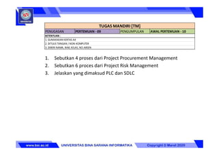 PENUGASAN PERTEMUAN - 09 PENGUMPULAN AWAL PERTEMUAN - 10
1. GUNAKAKAN KERTAS A4
2. DITULIS TANGAN / NON-KOMPUTER
3. DIBERI NAMA, NIM, KELAS, NO.ABSEN
TUGAS MANDIRI [TM]
KETENTUAN :
1. Sebutkan 4 proses dari Project Procurement Management
2. Sebutkan 6 proces dari Project Risk Management
3. Jelaskan yang dimaksud PLC dan SDLC
 