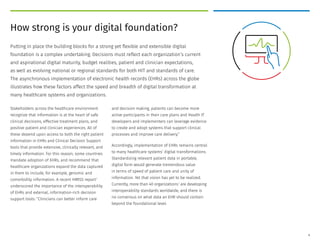 Putting in place the building blocks for a strong yet flexible and extensible digital
foundation is a complex undertaking. Decisions must reflect each organization’s current
and aspirational digital maturity, budget realities, patient and clinician expectations,
as well as evolving national or regional standards for both HIT and standards of care.
The asynchronous implementation of electronic health records (EHRs) across the globe
illustrates how these factors affect the speed and breadth of digital transformation at
many healthcare systems and organizations.
Stakeholders across the healthcare environment
recognize that information is at the heart of safe
clinical decisions, effective treatment plans, and
positive patient and clinician experiences. All of
these depend upon access to both the right patient
information in EHRs and Clinical Decision Support
tools that provide extensive, clinically relevant, and
timely information. For this reason, some countries
mandate adoption of EHRs, and recommend that
healthcare organizations expand the data captured
in them to include, for example, genomic and
comorbidity information. A recent HIMSS report1
underscored the importance of the interoperability
of EHRs and external, information-rich decision
support tools: “Clinicians can better inform care
and decision making, patients can become more
active participants in their care plans and Health IT
developers and implementers can leverage evidence
to create and adopt systems that support clinical
processes and improve care delivery.”
Accordingly, implementation of EHRs remains central
to many healthcare systems’ digital transformations.
Standardizing relevant patient data in portable,
digital form would generate tremendous value
in terms of speed of patient care and unity of
information. Yet that vision has yet to be realized.
Currently, more than 40 organizations1
are developing
interoperability standards worldwide, and there is
no consensus on what data an EHR should contain
beyond the foundational level.
How strong is your digital foundation?
3
 