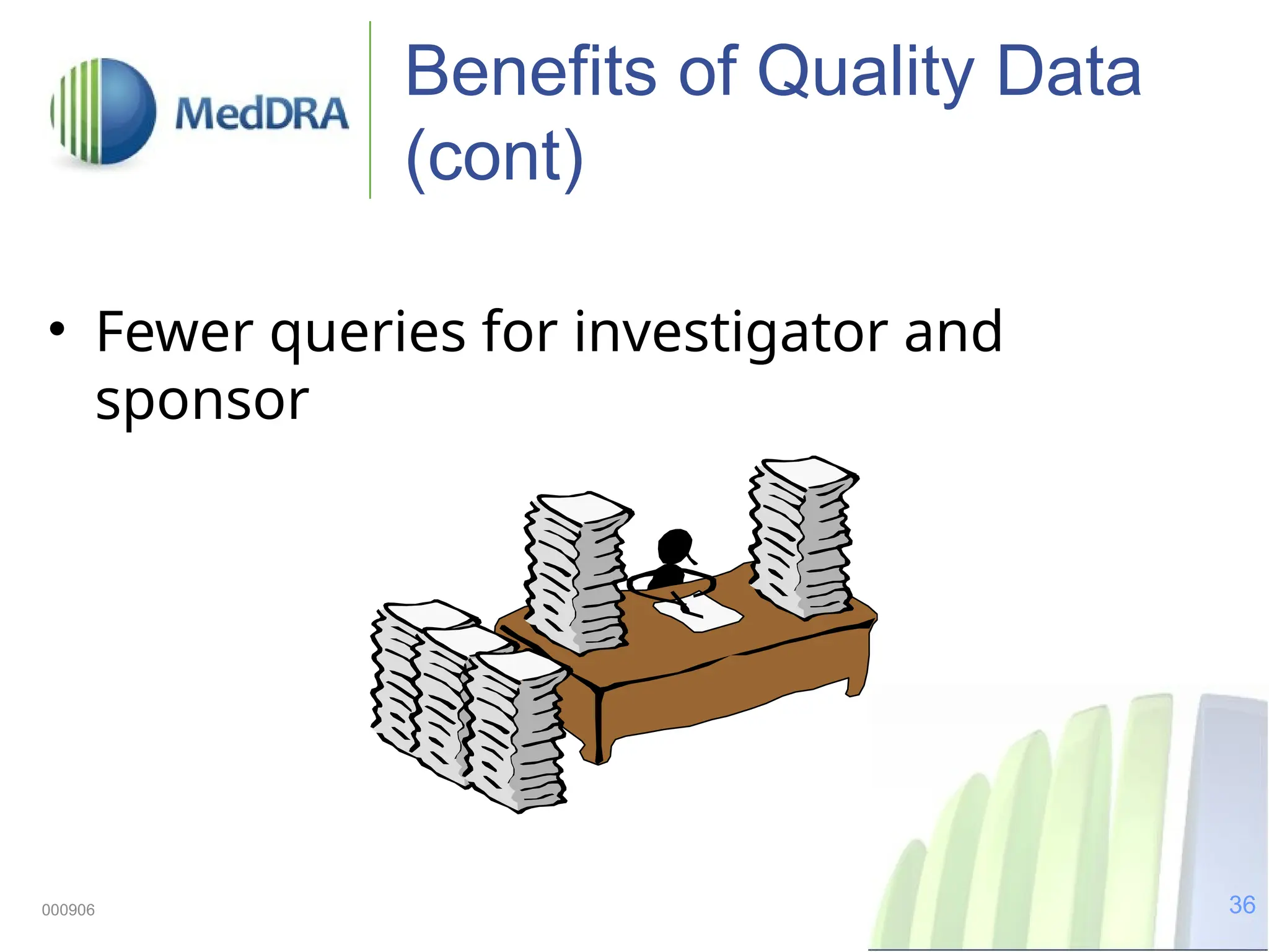 36
000906
Benefits of Quality Data
(cont)
• Fewer queries for investigator and
sponsor
 