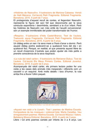11
«Històries de Nasrudín». Il·lustracions de Mariona Cabassa. Versió
de Halil Bárcena. Col·lecció Petit Fragmenta. Editorial Fragmenta.
Barcelona, 2015. A parti de 7 anys.
El protagonista d’aquest recull de contes, el llegendari Nasrudín,
representa la figura del savi foll que desconcerta per la seva
conducta espontània i desinhibida, semblant a la d’un infant. Però
les històries de Nasrudín van més enllà de l’acudit convencional:
són un exemple immillorable del poder transformador de l’humor.
«Respira». Il·lustracions d’Inês Castel-Branco. Text de l’autora.
Traducció: equip Fragmenta. Col·lecció Petit Fragmenta. Editorial
Fragmenta. Barcelona, 2015. A partir de 5 anys.
Un diàleg entre un nen i la seva mare a l’hora d’anar a dormir. Però
aquest diàleg podria esdevenir-se a qualsevol hora del dia i en
qualsevol lloc. Perquè, en realitat, el que presenta aquest llibre és
un recull d’exercicis il·lustrats que poden ajudar els més petits a
prendre consciència de la seva respiració.
«La ruta del ratolí carter». Il·lustracions de Marianne Dubuc. Text de
l’autora. Col·lecció Els Meus Primers Contes. Editorial Joventut.
Barcelona, 2015. A partir de 5 anys.
Acompanyats del ratolí carter, els primers lectors poden fer una
visita a les cases dels animals més inesperats i diferents com un
cocodril o un esquirol. Amb molts detalls i tocs d’humor, la ruta
arriba fins a lliurar l’últim paquet.
© Marianne Dubuc / La ruta del ratolí carter / Joventut
«Aquest nen está a la Lluna!». Text i poemes de Martina Escoda.
Compositora de les músiques i violoncel·lista: Marta Canellas. Veu
enregistrament poemes: Martina Escoda. Col·lecció Música i Valors.
Bellaterra Música Editorial, Barcelona, 2015. A partir de 3 anys.
Llibre i Cd amb poemes cantats per infants de 3 a 8 anys. Les
 