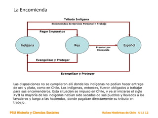 PSU Historia y Ciencias Sociales Raíces Históricas de Chile U 1/ 12
La Encomienda
Indígena Rey Español
Pagar Impuestos
Evangelizar y Proteger
Premiar por
Conquista
Tributo Indígena
Evangelizar y Proteger
Encomiendas de Servicio Personal = Trabajo
Las disposiciones no se cumplieron allí donde los indígenas no podían hacer entrega
de oro y plata, como en Chile. Los indígenas, entonces, fueron obligados a trabajar
para sus encomenderos. Esta situación se impuso en Chile, y ya al iniciarse el siglo
XVII la mayoría de los indígenas habían sido sacados de sus pueblos y llevados a los
lavaderos y luego a las haciendas, donde pagaban directamente su tributo en
trabajo.
 