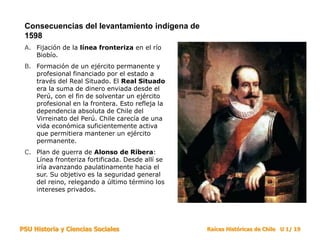PSU Historia y Ciencias Sociales Raíces Históricas de Chile U 1/ 19
Consecuencias del levantamiento indígena de
1598
A. Fijación de la línea fronteriza en el río
Biobío.
B. Formación de un ejército permanente y
profesional financiado por el estado a
través del Real Situado. El Real Situado
era la suma de dinero enviada desde el
Perú, con el fin de solventar un ejército
profesional en la frontera. Esto refleja la
dependencia absoluta de Chile del
Virreinato del Perú. Chile carecía de una
vida económica suficientemente activa
que permitiera mantener un ejército
permanente.
C. Plan de guerra de Alonso de Ribera:
Línea fronteriza fortificada. Desde allí se
iría avanzando paulatinamente hacia el
sur. Su objetivo es la seguridad general
del reino, relegando a último término los
intereses privados.
 