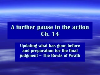 A further pause in the action Ch. 14 Updating what has gone before and preparation for the final judgment – The Bowls of Wrath 