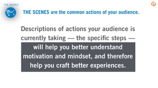 THE SCENES are the common actions of your audience.
Descriptions of actions your audience is
currently taking — the speciﬁc steps — 
will help you better understand
motivation and mindset, and therefore
help you craft better experiences.
THE SCENES
 