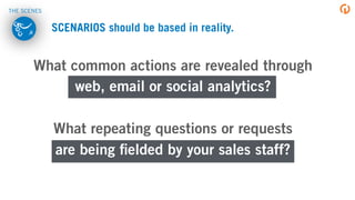 SCENARIOS should be based in reality.
What common actions are revealed through 
web, email or social analytics?
What repeating questions or requests
are being ﬁelded by your sales staff?
THE SCENES
 