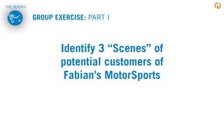 Identify 3 “Scenes” of
potential customers of
Fabian’s MotorSports
GROUP EXERCISE: PART I
THE SCENES
 