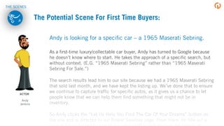 ACTOR
Andy
Jenkins
The Potential Scene For First Time Buyers:
Andy is looking for a speciﬁc car – a 1965 Maserati Sebring.
As a ﬁrst-time luxury/collectable car buyer, Andy has turned to Google because
he doesn’t know where to start. He takes the approach of a speciﬁc search, but
without context. (E.G. “1965 Maserati Sebring” rather than “1965 Maserati
Sebring For Sale.”)
The search results lead him to our site because we had a 1965 Maserati Sebring
that sold last month, and we have kept the listing up. We’ve done that to ensure
we continue to capture trafﬁc for speciﬁc autos, as it gives us a chance to let
people know that we can help them ﬁnd something that might not be in
inventory.
So Andy clicks the “Let Us Help You Find The Car Of Your Dreams” button on
the site and is directed to our Broker Services page. From there, he ﬁlls out a
THE SCENES
 