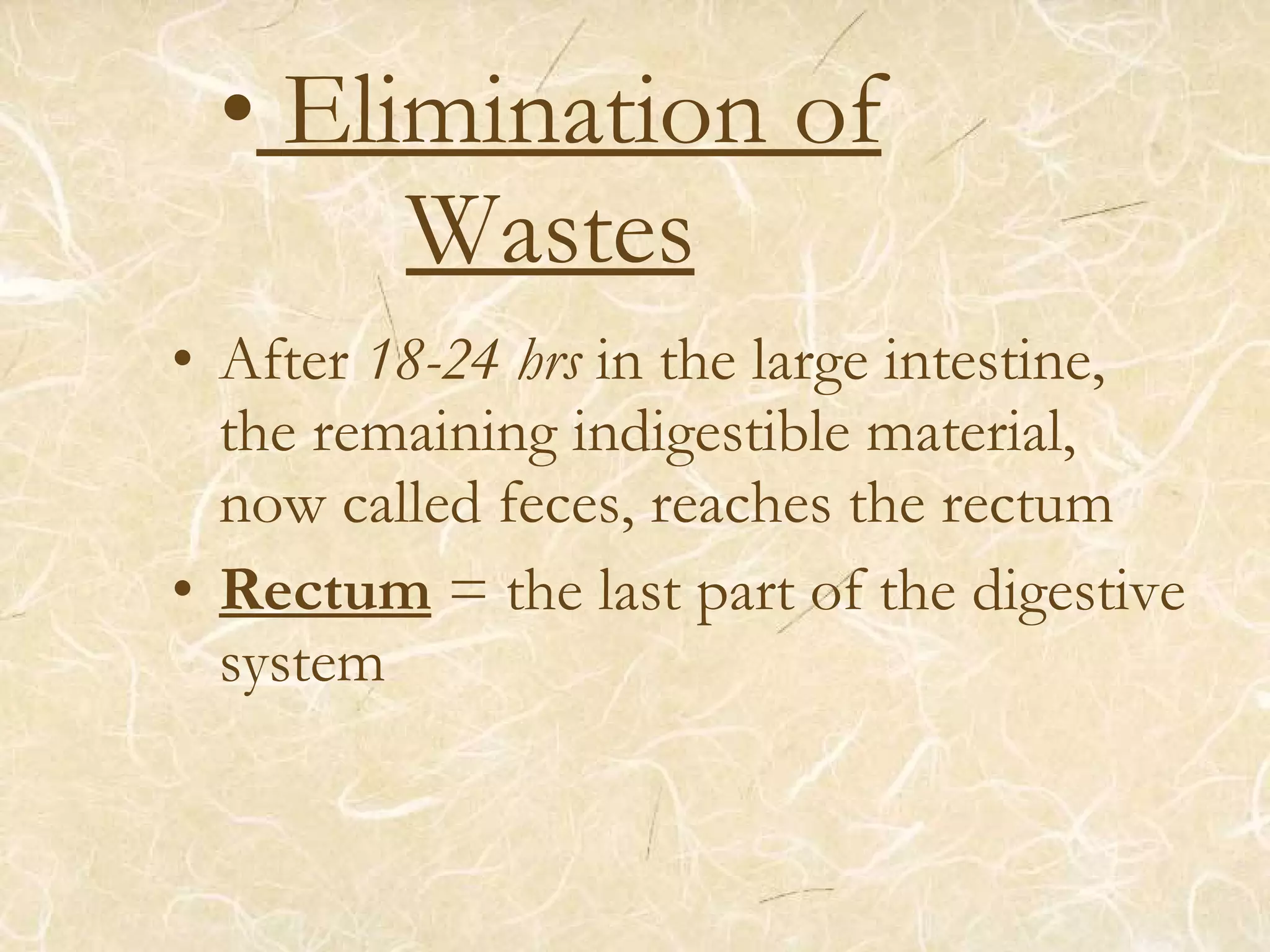 • Elimination of
Wastes
• After 18-24 hrs in the large intestine,
the remaining indigestible material,
now called feces, reaches the rectum
• Rectum = the last part of the digestive
system
 