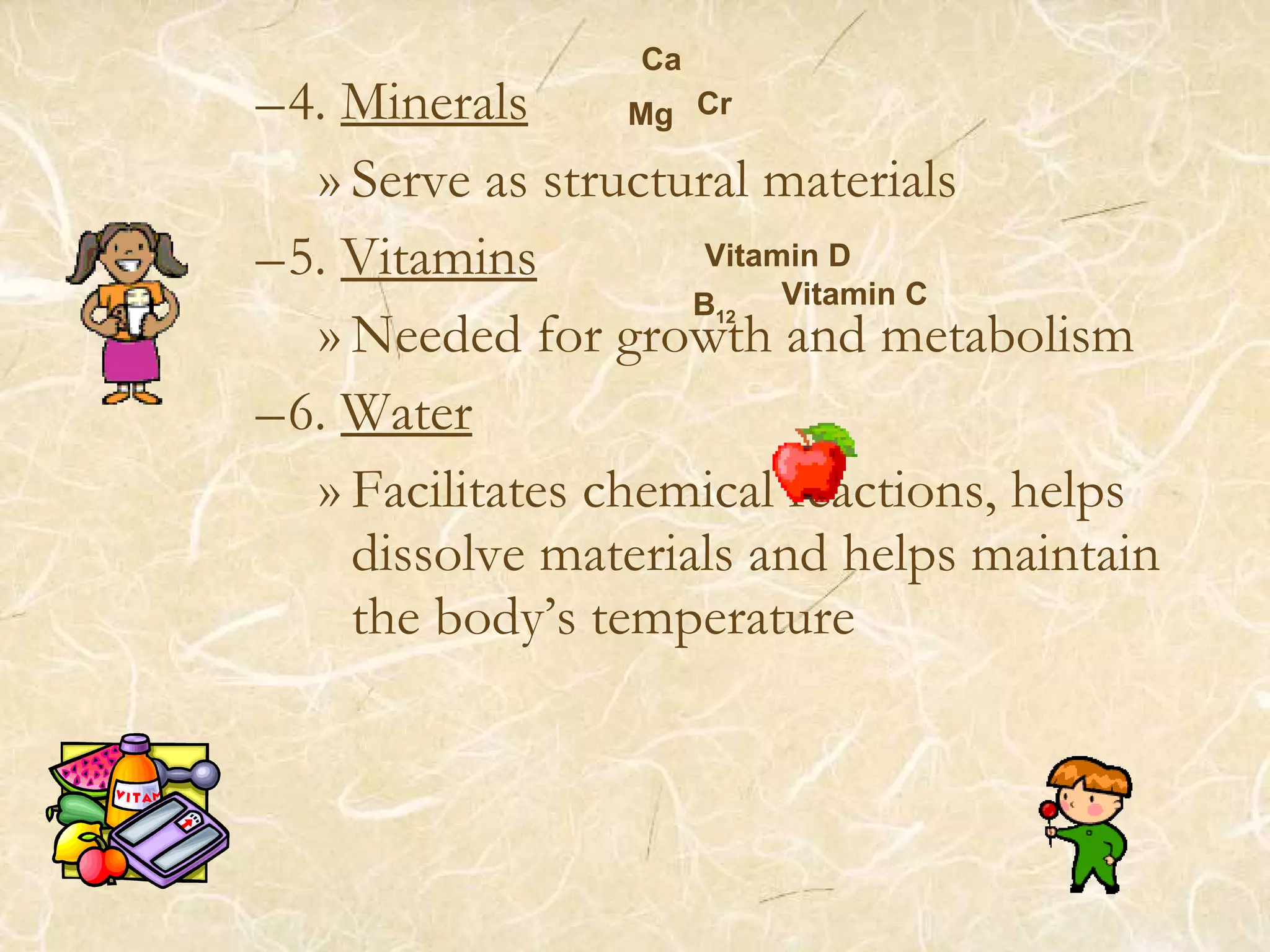 –4. Minerals
» Serve as structural materials
–5. Vitamins
» Needed for growth and metabolism
–6. Water
» Facilitates chemical reactions, helps
dissolve materials and helps maintain
the body’s temperature
Ca
B12
CrMg
Vitamin C
Vitamin D
 