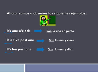 Ahora, vamos a observar los siguientes ejemplos: It’s one o’clock   Son  la una en punto It is five past one  Son  la una y cinco It’s ten past one   Son   la una y diez 