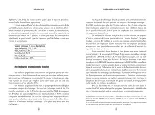 50 51
Le descenseur social Les milieux populaires au cœur des inégalités françaises
Au risque de chômage, il faut ajouter la précarité croissante des
contrats de travail de ceux qui ont un emploi – de temps en temps…
En 2002, seuls un peu plus de 2% des cadres et de 4% des catégories
intermédiaires avaient un contrat précaire. Ces chiffres étaient de
14% pour les ouvriers, de 8% pour les employés. Ces taux ont enco-
re augmenté depuis lors.
2,9 millions de salariés, soit plus de 13% des salariés, ont aujour-
d’hui un contrat de forme particulière et à durée limitée8
. On peut
évaluer à environ 2,5 millions le nombre de contrats à durée limitée chez
les ouvriers et employés. Leurs métiers sont sur-exposés au travail
temporaire, tout particulièrement chez les 6,6 millions de salariés du
«prolétariat des services».
A ces contrats à durée limitée, il faut ajouter une autre forme de
travail précaire : le sous-emploi9
. Il s’agit de personnes travaillant à temps
partiel subi. L’INSEE l’évalue à 5,4% des salariés occupés, soit 1,2 mil-
lion de personnes. Pour près de 80%, il s’agit de femmes. «Les sous-
employés écrit l’INSEE dans son tableau social 2005-2006, travaillent
majoritairement comme salariés dans le secteur tertiaire, notamment
dans le secteur de l’éducation, de la santé et de l’action sociale, des ser-
vices aux particuliers et aux entreprises. Le plus souvent, ils exercent
des fonctions de nettoyage, gardiennage, d’entretien ménager ou enco-
re d’enseignement et de soin aux personnes». Derrière ces descrip-
tions, on aura reconnu les métiers caractéristiques des ouvriers et
employés des services. Autrement dit, pour l’essentiel, le temps partiel
subi touche les milieux populaires.
Plus de la moitié de ces temps partiels subis le sont dans le
cadre d’un CDI. Mais cela signifie que pour l’autre moitié – 600000 sala-
riés – le temps partiel subi se cumule avec un contrat temporaire.
diplômés, loin de là. La France active qui n’a pas le bac est, pour l’es-
sentiel, celle des milieux populaires.
Il s’agit aujourd’hui d’un des clivages déterminants au sein de la
société française, tant nous vivons dans un pays où le diplôme déter-
mine fortement la position sociale, c’est-à-dire le métier, la rémunération,
la plus ou moins grande sécurité du contrat de travail, la capacité à en
retrouver un lorsqu’on l’a perdu, et donc, par voie de conséquence
très directe, le quartier et le type de logement que l’on habite – ainsi que
l’école de ses enfants.
Taux de chômage et niveau de diplôme
Sans diplôme ou CEP : 15,3%
BEPC, CAP, BEP : 9,4%
Baccalauréat : 9,5%
Bac +2 : 6,4%
Diplôme supérieur : 8,3%
Une insécurité professionnelle massive
Les milieux populaires concentrent une grande partie des sala-
riés précaires et des chômeurs de ce pays : un tiers des milieux popu-
laires sont au chômage ou en précarité. Si l’on ne retient que les sala-
riés exposés au risque de l’emploi, c’est-à-dire ceux qui ne sont pas
fonctionnaires, c’est plus de 40%.
Les milieux populaires sont bien le groupe professionnel le plus
exposé au risque de chômage : le taux de chômage était de 10,2%
chez les employés et de 12,3% chez les ouvriers fin 2004, à comparer
à 4,8% chez les cadres et professions intellectuelles et 5,9% chez les
catégories intermédiaires. Le taux de chômage des employés du sec-
teur privé est d’ailleurs proche de celui des ouvriers. 1,7 million d’em-
ployés et d’ouvriers sont au chômage : c’est plus des deux tiers des
chômeurs…
8) 0,66 million sont dans le secteur public; 2, 26 millions sont dans le secteur privé. 1,7 mil-
lion sont en CDD, 490 000 sont en intérim, 450 000 en stage et contrats aidés, 300 000 en
apprentissage.
9) 16,6% des actifs occupés travaillent à temps partiel et, parmi eux, 29% sont en sous-emploi
et ces chiffres sont proches de 40% chez les ouvriers et les employés.
 