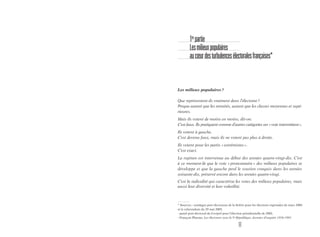 11
1re
partie
Lesmilieuxpopulaires
aucœurdesturbulencesélectoralesfrançaises*
Les milieux populaires?
Que représentent-ils vraiment dans l’électorat?
Preque autant que les retraités, autant que les classes moyennes et supé-
rieures.
Mais ils votent de moins en moins, dit-on.
C’est faux. Ils pratiquent comme d’autres catégories un «vote intermittent».
Ils votent à gauche.
C’est devenu faux, mais ils ne votent pas plus à droite.
Ils votent pour les partis «extrémistes».
C’est exact.
La rupture est intervenue au début des années quatre-vingt-dix. C’est
à ce moment-là que le vote «protestataire» des milieux populaires se
développe et que la gauche perd le soutien conquis dans les années
soixante-dix, préservé encore dans les années quatre-vingt.
C’est la radicalité qui caractérise les votes des milieux populaires, mais
aussi leur diversité et leur volatilité.
* Sources:- sondages post électoraux de la Sofrès pour les élections régionales de mars 2004
et le referendum du 29 mai 2005,
- panel post-électoral du Cevipof pour l’élection présidentielle de 2002,
- François Platone, Les électorats sous la Ve
République, données d’enquête 1958-1995.
 