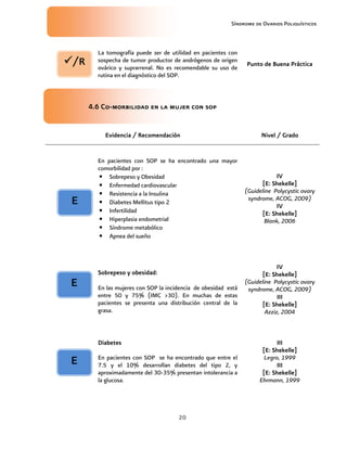 Síndrome de Ovarios Poliquísticos
20
La tomografía puede ser de utilidad en pacientes con
sospecha de tumor productor de andrógenos de origen
ovárico y suprarrenal. No es recomendable su uso de
rutina en el diagnóstico del SOP.
Punto de Buena Práctica
Punto de Buena Práctica
Punto de Buena Práctica
Punto de Buena Práctica
4.
4.
4.
4.6
6
6
6 Co
Co
Co
Co-
-
-
-morbilidad en la mujer con sop
morbilidad en la mujer con sop
morbilidad en la mujer con sop
morbilidad en la mujer con sop
Evidencia / Recomendación
Evidencia / Recomendación
Evidencia / Recomendación
Evidencia / Recomendación Nivel / Grado
Nivel / Grado
Nivel / Grado
Nivel / Grado
En pacientes con SOP se ha encontrado una mayor
comorbilidad por :
• Sobrepeso y Obesidad
• Enfermedad cardiovascular
• Resistencia a la Insulina
• Diabetes Mellitus tipo 2
• Infertilidad
• Hiperplasia endometrial
• Síndrome metabólico
• Apnea del sueño
IV
IV
IV
IV
[E: Shekelle]
[E: Shekelle]
[E: Shekelle]
[E: Shekelle]
(Guideline Polycystic ovary
syndrome, ACOG, 2009)
IV
IV
IV
IV
[E: Shekelle]
[E: Shekelle]
[E: Shekelle]
[E: Shekelle]
Blank, 2006
Sobrepeso y obesidad:
Sobrepeso y obesidad:
Sobrepeso y obesidad:
Sobrepeso y obesidad:
En las mujeres con SOP la incidencia de obesidad está
entre 50 y 75% (IMC >30). En muchas de estas
pacientes se presenta una distribución central de la
grasa.
IV
IV
IV
IV
[E: Shekelle]
[E: Shekelle]
[E: Shekelle]
[E: Shekelle]
(Guideline Polycystic ovary
syndrome, ACOG, 2009)
III
III
III
III
[E: Shekelle]
[E: Shekelle]
[E: Shekelle]
[E: Shekelle]
Azziz, 2004
Diabetes
Diabetes
Diabetes
Diabetes
En pacientes con SOP se ha encontrado que entre el
7.5 y el 10% desarrollan diabetes del tipo 2, y
aproximadamente del 30-35% presentan intolerancia a
la glucosa.
III
III
III
III
[E: Shekelle]
[E: Shekelle]
[E: Shekelle]
[E: Shekelle]
Legro, 1999
III
III
III
III
[E: Shekelle]
[E: Shekelle]
[E: Shekelle]
[E: Shekelle]
Ehrmann, 1999
/R
/R
/R
/R
E
E
E
E
E
E
E
E
E
E
E
E
 