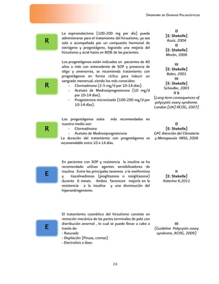 Síndrome de Ovarios Poliquísticos
26
La espironolactona (100-200 mg por día) puede
administrarse para el tratamiento del hirsutismo, ya sea
sola o acompañada por un compuesto hormonal de
estrógeno y progestágeno, logrando una mejoría del
hirsutismo y acné hasta en 80% de las pacientes.
D
D
D
D
[E: Shekelle]
[E: Shekelle]
[E: Shekelle]
[E: Shekelle]
Azziz, 2004
D
D
D
D
[E: Shekelle]
[E: Shekelle]
[E: Shekelle]
[E: Shekelle]
Morán, 2006
Los progestágenos están indicados en pacientes de 40
años o más con antecedente de SOP y presencia de
oligo y amenorrea, se recomienda tratamiento con
progestágenos en forma cíclica para inducir un
sangrado menstrual, siendo los más conocidos:
- Clormadinona (2-5 mg/d por 10-14 días).
- Acetato de Medroxiprogesterona (10 mg/d
por 10-14 días).
- Progesterona micronizada (100-200 mg/d por
10-14 días).
III
III
III
III
[E: Shekelle]
[E: Shekelle]
[E: Shekelle]
[E: Shekelle]
Balen, 2001
III
III
III
III
[E: Shekelle]
[E: Shekelle]
[E: Shekelle]
[E: Shekelle]
Schindler, 2003
II b
II b
II b
II b
(Long-term consequences of
polycystic ovary syndrome.
London (UK) RCOG, 2007)
Los progestágenos solos más recomendados en
nuestro medio son:
- Clormadinona
- Acetato de Medroxiprogesterona
La duración del tratamiento con progestágenos es
recomendable entre 10 a 14 días.
D
D
D
D
[E: Shekelle]
[E: Shekelle]
[E: Shekelle]
[E: Shekelle]
GPC Atención del Climaterio
y Menopausia IMSS, 2008
En pacientes con SOP y resistencia la insulina se ha
recomendado utilizar agentes sensibilizadores de
insulina. Entre los principales tenemos a la metformina
y tiazolinedionas (pioglitazona o rosiglitazona)
durante 6 meses. Ambos favorecen mejoría en la
resistencia a la insulina y una disminución del
hiperandrogenismo.
II
II
II
II
[E: Shekelle]
[E: Shekelle]
[E: Shekelle]
[E: Shekelle]
Katerina K,2011
El tratamiento cosmético del hirsutismo consiste en
remoción mecánica de las partes terminales de pelo con
distribución anormal , lo cual se puede llevar a cabo a
través de:
- Rasurado
- Depilación (Pinzas, cremas)
- Electrolisis o láser.
III
III
III
III
(Guideline Polycystic ovary
syndrome, ACOG, 2009)
R
R
R
R
R
R
R
R
R
R
R
R
E
E
E
E
E
E
E
E
 