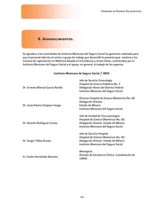 Síndrome de Ovarios Poliquísticos
49
8. Agradecimientos
8. Agradecimientos
8. Agradecimientos
8. Agradecimientos.
.
.
.
Se agradece a las autoridades de Instituto Mexicano del Seguro Social las gestiones realizadas para
que el personal adscrito al centro o grupo de trabajo que desarrolló la presente guía asistiera a los
eventos de capacitación en Medicina Basada en la Evidencia y temas afines, coordinados por el
Instituto Mexicano del Seguro Social y el apoyo, en general, al trabajo de los expertos.
Instituto Mexicano de Seguro Social / IMSS
Instituto Mexicano de Seguro Social / IMSS
Instituto Mexicano de Seguro Social / IMSS
Instituto Mexicano de Seguro Social / IMSS
Dr. Ernesto Manuel García Revilla
Jefe de Servicio Ginecología
Hospital de Gineco-Pediatría No. 3
Delegación Norte del Distrito Federal
Instituto Mexicano del Seguro Social
Dr. Jesús Ramiro Quijano Vargas
Director Hospital de Gineco-Obstetricia No. 60
Delegación Oriente
Estado de México
Instituto Mexicano del Seguro Social
Dr. Ricardo Rodríguez Cerezo
Jefe de Unidad de Toco-quirúrgica
Hospital de Gineco-Obstetricia No. 60
Delegación Oriente Estado de México
Instituto Mexicano del Seguro Social
Dr. Sergio Téllez Acosta
Jefe de Servicio Hospital
Hospital de Gineco-Obstetricia No. 60
Delegación Oriente Estado de México
Instituto Mexicano del Seguro Social
Sr. Carlos Hernández Bautista
Mensajería
División de Excelencia Clínica. Coordinación de
UMAE
 