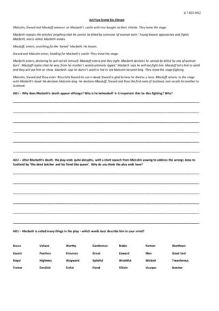 LIT AO1 AO2
Act Five Scene Six-Eleven
Malcolm, Siward and Macduff advance on Macbeth’s castle with tree boughs as their shields. Theyleave the stage.
Macbeth repeats the witches’ prophecy that he cannot be killed by someone ‘of woman born.’ Young Siward approaches and fights
Macbeth, and is killed. Macbeth leaves.
Macduff, enters, searching for the ‘tyrant’ Macbeth. He leaves.
Siward and Malcolm enter, heading for Macbeth’s castle. They leave the stage.
Macbeth enters, declaring he will not kill himself. Macduff enters and they fight. Macbeth declares he cannot be killed ‘by one of woman
born’. Macduff replies that he was ‘from his mother’s womb untimely ripped.’ Macbeth says he will not fight him. Macduff tells him to yield
and they will put him on show. Macbeth says he doesn’t want to live to see Malcolm become king. They leave the stage fighting.
Malcolm, Siward and Ross enter. Ross tells Siward his son is dead; Siward is glad to hear he died as a hero. Macduff returns to the stage
with Macbeth’s head. He declares Malcolm king. He declares Macduff, Siward and Ross the first earls of Scotland, and recalls his brother to
Scotland.
AO1 – Why does Macbeth’s death appear offstage? Why is he beheaded? Is it important that he dies fighting? Why?
_____________________________________________________________________________________________
_____________________________________________________________________________________________
_____________________________________________________________________________________________
_____________________________________________________________________________________________
_____________________________________________________________________________________________
_____________________________________________________________________________________________
AO2 – After Macbeth’s death, the play ends quite abruptly, with a short speech from Malcolm vowing to address the wrongs done to
Scotland by ‘this dead butcher and his fiend-like queen’. Why do you think the play ends here?
_____________________________________________________________________________________________
_____________________________________________________________________________________________
_____________________________________________________________________________________________
_____________________________________________________________________________________________
_____________________________________________________________________________________________
_____________________________________________________________________________________________
AO1 – Macbeth is called many things in the play – which words best describe him in your mind?
Brave Valiant Worthy Gentleman Noble Partner Worthiest
Cousin Peerless Kinsman Great Coward Man Good lord
Royal Highness Wayward Spiteful Wrathful Wicked Treacherous
Traitor Devilish Sinful Fiend Villain Usurper Butcher
 