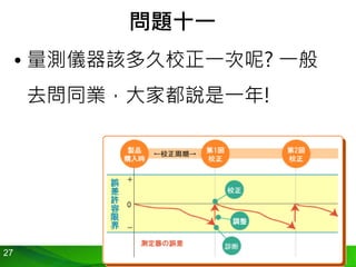 27
問題十一
• 量測儀器該多久校正一次呢? 一般
去問同業，大家都說是一年!
 
