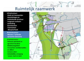 Ruimtelijk raamwerk
Infrastructuur:
-Haak om Leeuwarden
-Aansluitingen en
 ontsluitende structuur
-Langzaam verkeers
 verbinding
-Kunstwerken
-Treinstation
 Werpsterhoek
Waterstructuur:
-Nieuwe / verbrede
 opvaarten (boezem)
Groenstructuur:
-Behoud openheid en
 agrarisch karakter
 Middelzeegebied
-Versterken kwelderwallen
 en dijken
-Groene aders
-Geleidelijke overgang
 tussen stad en land
 