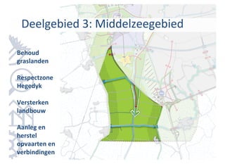 Deelgebied 3: Middelzeegebied

Behoud
graslanden

Respectzone
Hegedyk

Versterken
landbouw

Aanleg en
herstel
opvaarten en
verbindingen
 