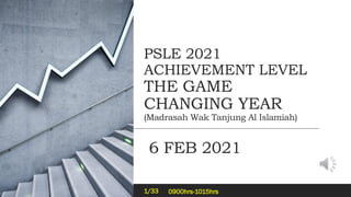 PSLE 2021
ACHIEVEMENT LEVEL
THE GAME
CHANGING YEAR
(Madrasah Wak Tanjung Al Islamiah)
6 FEB 2021
NOOR ISHAM SANIF
1/33 0900hrs-1015hrs
 