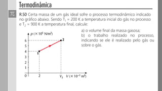 R.50 Certa massa de um gás ideal sofre o processo termodinâmico indicado
no gráfico abaixo. Sendo T1 = 200 K a temperatura inicial do gás no processo
e T2 = 900 K a temperatura final, calcule:
a) o volume final da massa gasosa;
b) o trabalho realizado no processo,
indicando se ele é realizado pelo gás ou
sobre o gás.
 