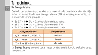 Quando um sistema (gás) recebe uma determinada quantidade de calor (Q),
sofre um aumento de sua energia interna (∆U) e, consequentemente, um
aumento de temperatura (∆T):
• Se ∆T > 0  ∆U > 0: a energia interna aumenta.
• Se ∆T < 0  ∆U < 0: a energia interna diminui.
• Se ∆T = 0  ∆U = 0: a energia interna não varia.
III- Energia interna:
A Energia interna de uma certa massa de gás ideal é função exclusiva de sua
temperatura
 