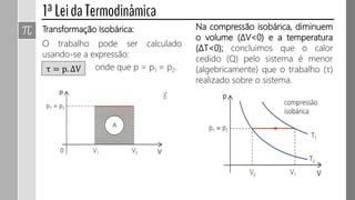 Transformação Isobárica:
O trabalho pode ser calculado
usando-se a expressão:
τ = p. ∆V onde que p = p1 = p2.
Na compressão isobárica, diminuem
o volume (ΔV<0) e a temperatura
(ΔT<0); concluimos que o calor
cedido (Q) pelo sistema é menor
(algebricamente) que o trabalho (τ)
realizado sobre o sistema.
 