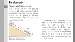 Considere um bloco de massa m no
alto de um plano inclinado e, na
base do plano, uma mola
considerada ideal. Se deslizar sem
nenhuma resistência plano abaixo, o
bloco irá se chocar elasticamente
com a mola e voltará a subir pelo
plano até alcançar novamente sua
posição inicial.
São aquelas em que um sistema,
uma vez atingido o estado final de
equilíbrio, não retorna ao estado
inicial ou a quaisquer estados
intermediários sem a ação de
agentes externos.
Transformações irreversíveis:
 