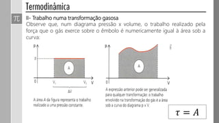 II- Trabalho numa transformação gasosa
Observe que, num diagrama pressão x volume, o trabalho realizado pela
força que o gás exerce sobre o êmbolo é numericamente igual à área sob a
curva:
𝜏 = 𝐴
 