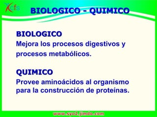 BIOLOGICO
Mejora los procesos digestivos y
procesos metabólicos.
BIOLOGICO - QUIMICO
QUIMICO
Provee aminoácidos al organismo
para la construcción de proteínas.
 