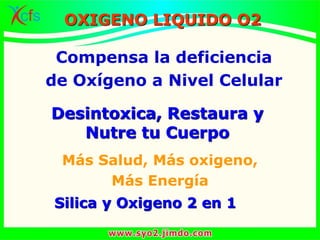 OXIGENO LIQUIDO O2
Más Salud, Más oxigeno,
Más Energía
Compensa la deficiencia
de Oxígeno a Nivel Celular
Desintoxica, Restaura y
Nutre tu Cuerpo
Silica y Oxigeno 2 en 1
 