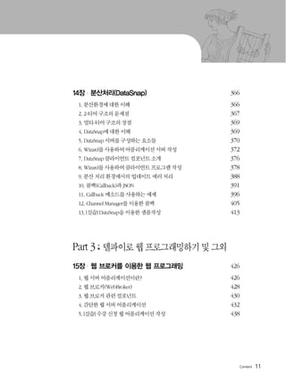 11
14장 | 분산처리(DataSnap) 366
1. 분산환경에 대한 이해 366
2. 2-티어 구조의 문제점 367
3. 멀티-티어 구조의 장점 369
4. DataSnap에 대한 이해 369
5. DataSnap 서버를 구성하는 요소들 370
6. Wizard를 사용하여 어플리케이션 서버 작성 372
7. DataSnap 클라이언트 컴포넌트 소개 376
8. Wizard를 사용하여 클라이언트 프로그램 작성 378
9. 분산 처리 환경에서의 업데이트 에러 처리 388
10. 콜백(Callback)과 JSON 391
11. Callback 메소드를 사용하는 예제 396
12. Channel Manager를 이용한 콜백 405
13. [실습] DataSnap을 이용한 샘플작성 413
Part 3 델파이로 웹 프로그래밍하기 및 그외
15장 | 웹 브로커를 이용한 웹 프로그래밍 426
1. 웹 서버 어플리케이션이란? 426
2. 웹 브로커(WebBroker) 428
3. 웹 브로커 관련 컴포넌트 430
4. 간단한 웹 서버 어플리케이션 432
5.[실습] 수강 신청 웹 어플리케이션 작성 438
 