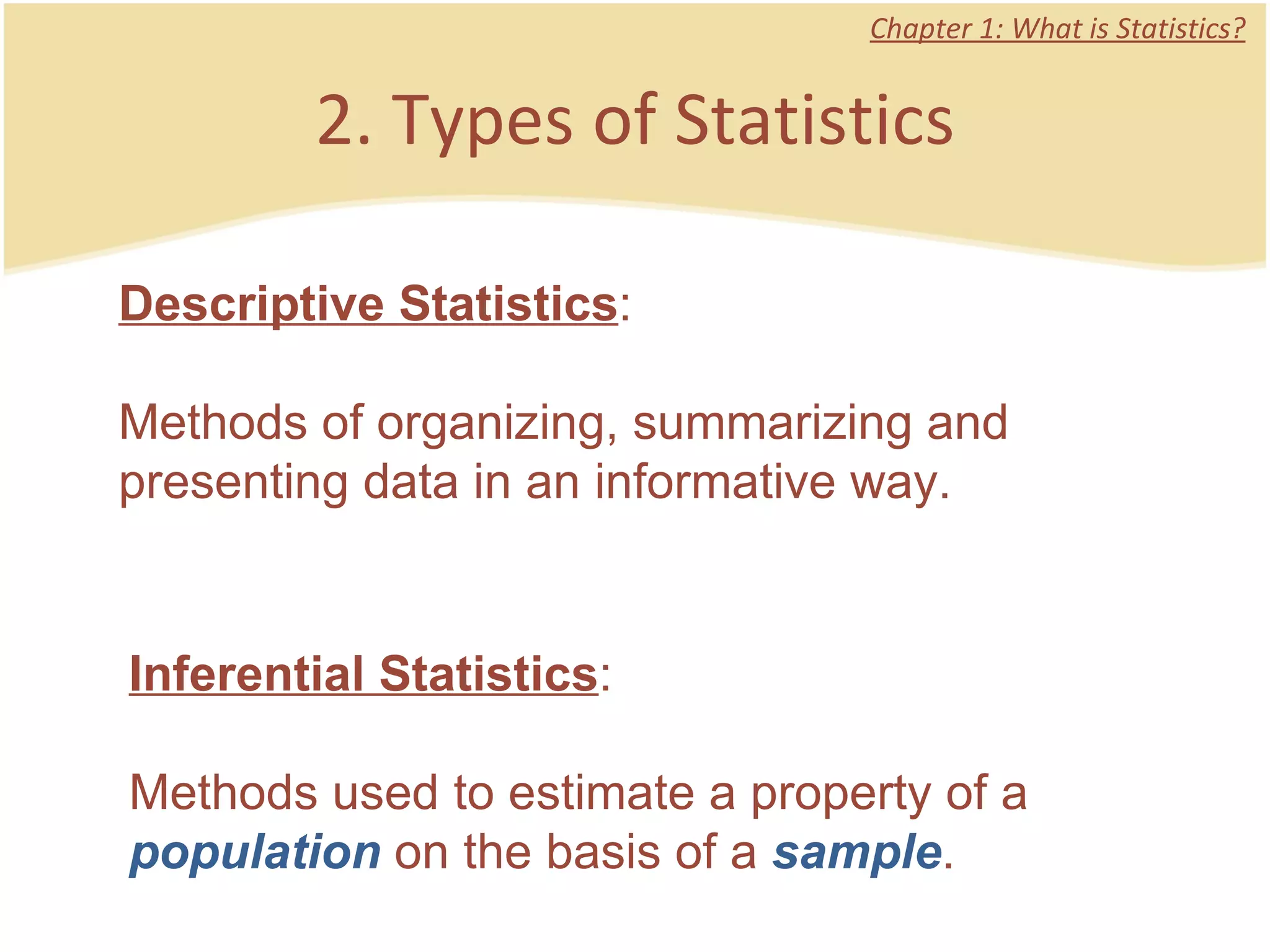 2. Types of Statistics Chapter 1: What is Statistics? Descriptive Statistics :  Methods of organizing, summarizing and presenting data in an informative way.  Inferential Statistics :  Methods used to estimate a property of a  population  on the basis of a  sample .  