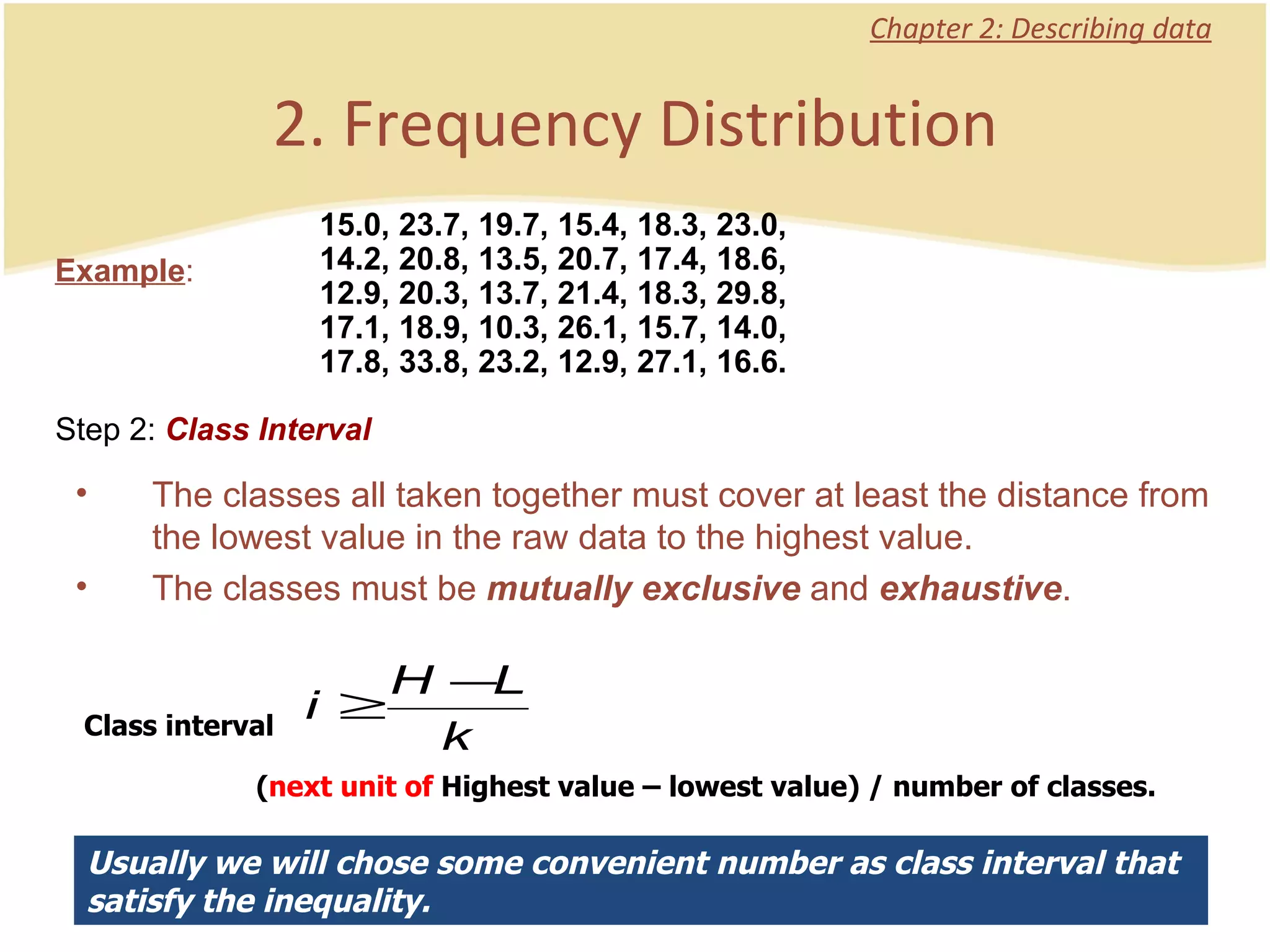 Chapter 2: Describing data Example : 2. Frequency Distribution 15.0, 23.7, 19.7, 15.4, 18.3, 23.0, 14.2, 20.8, 13.5, 20.7, 17.4, 18.6, 12.9, 20.3, 13.7, 21.4, 18.3, 29.8, 17.1, 18.9, 10.3, 26.1, 15.7, 14.0, 17.8, 33.8, 23.2, 12.9, 27.1, 16.6. The classes all taken together must cover at least the distance from the lowest value in the raw data to the highest value. The classes must be  mutually exclusive  and  exhaustive . Class interval ( next unit of  Highest value – lowest value) / number of classes. Usually we will chose some convenient number as class interval that satisfy the inequality. Step 2:  Class Interval 